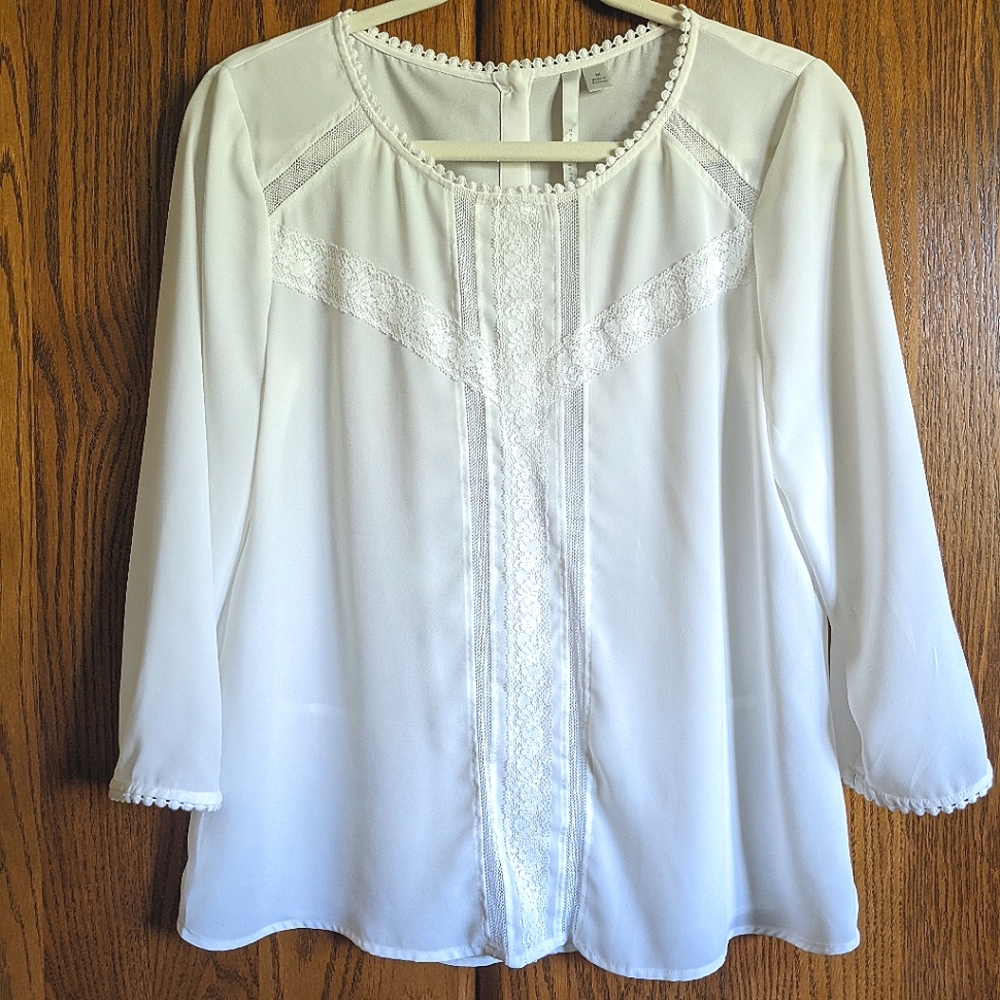 White blouse with lace trim size M